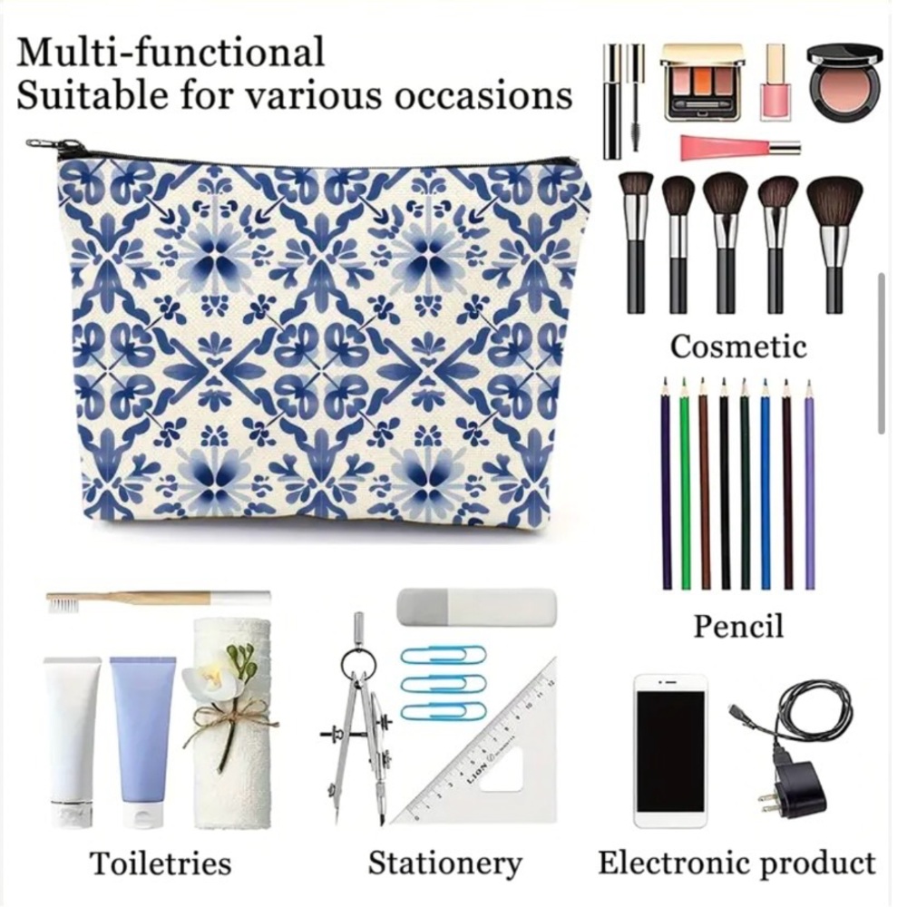 Blue & White Floral Cosmetics Bag Zipper Travel Pouch - Picture 5 of 7